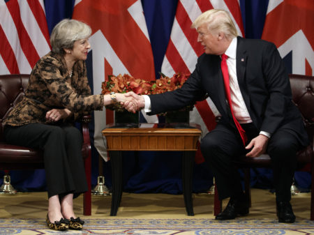 President Trump shakes hands with British Prime Minister Theresa May during their meeting at the Palace Hotel during the United Nations General Assembly in September.