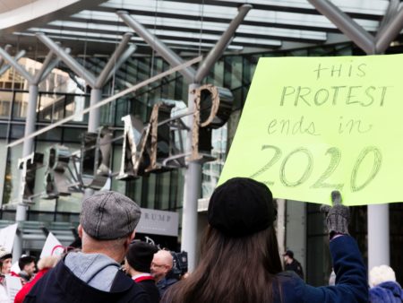 Approval of U.S. leadership fell sharply in President Trump's first year -- particularly in Canada, where the approval rating fell from 60 percent to 20 percent. In this photo, protesters demonstrate at a new Trump International hotel in Vancouver last year.