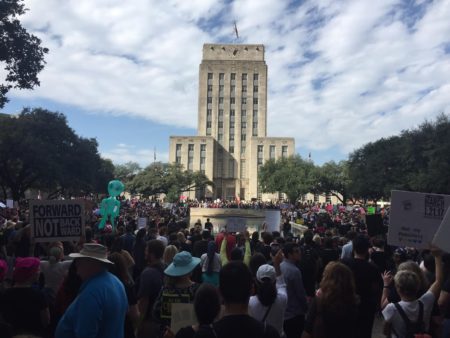 The Houston Women’s March gathered approximately 22,000 people in 2017. This photo shows a rally that was held at the end of the march in front of City Hall.