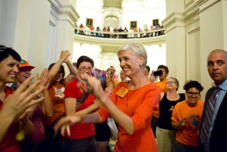 Cecile Richards talks with activists at the Capitol during the vote on HB2.