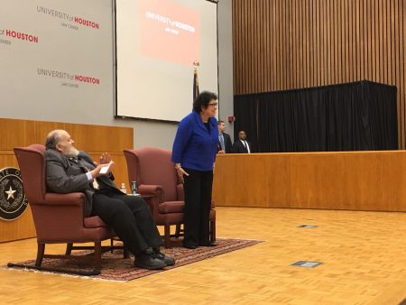 U.S. Supreme Court Justice Sonia Sotomayor, right, and Michael Olivas, Director of UH's Institute for Higher Education Law & Governance, talk in front  of the audience at University of Houston, on January 26th, 2018.