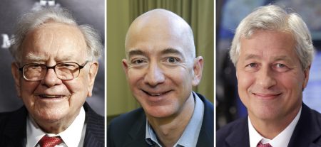 Berkshire Hathaway Chairman and CEO Warren Buffett (left) in 2017; Jeff Bezos, CEO of Amazon, in 2013; and JP Morgan Chase Chairman and CEO Jamie Dimon in 2013. Berkshire Hathaway, Amazon and JPMorgan Chase are teaming up to create a health care company announced Tuesday that is "free from profit-making incentives and constraints."