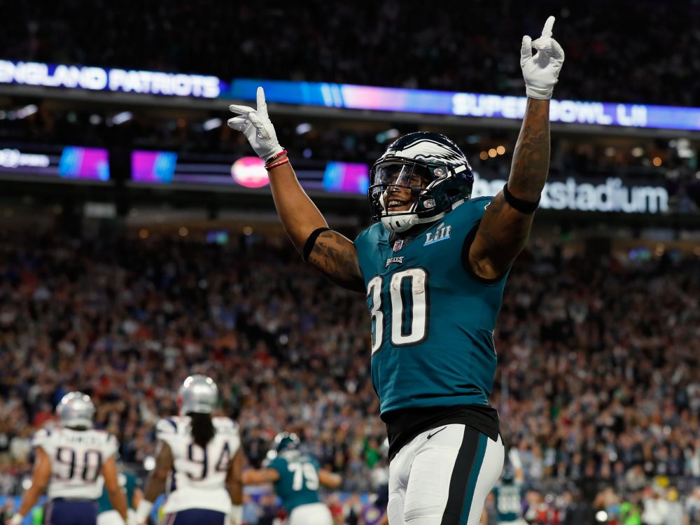 Eagles running back Corey Clement celebrates a touchdown in the first half of Super Bowl LII.