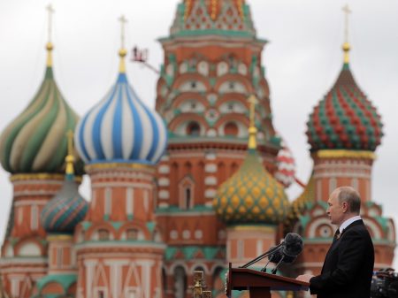 Russian President Vladimir Putin delivers a speech in Moscow's Red Square last May. Russian-backed efforts attempting to interfere in U.S. politics appear to be evolving.