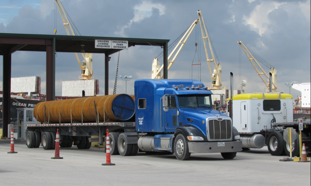 An 18-wheeler leaves the Port of Houston.  