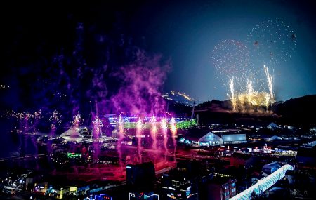 Fireworks go off at the start of the opening ceremony of the Pyeongchang 2018 Winter Olympic Games.