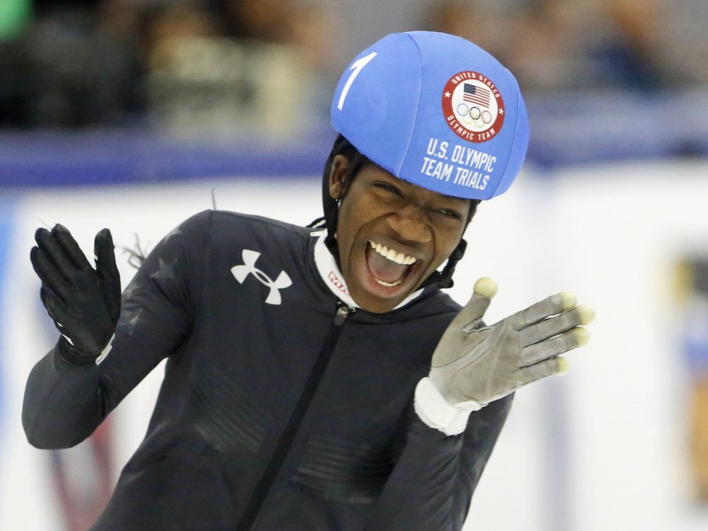 Maame Biney reacts after winning the women's 500-meter A final race during the U.S. Olympic short track speedskating trials in December.

