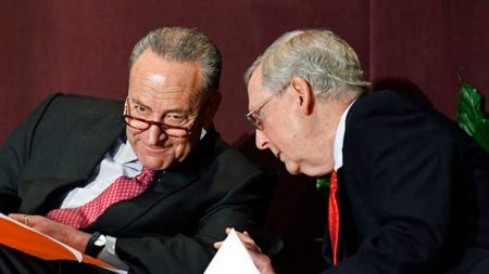 Senate Minority Leader Charles Schumer, D-N.Y., left, talks with Senate Majority Leader Mitch McConnell, R-Ky., before his speech at the McConnell Center's Distinguished Speaker Series Monday, Feb. 12, 2018, in Louisville, Ky.