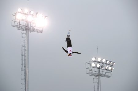 Ashley Caldwell performs an aerial before the World Cup last February. When she watched aerials for the first time at age 12, she remembers thinking: "Why are these people so crazy?"