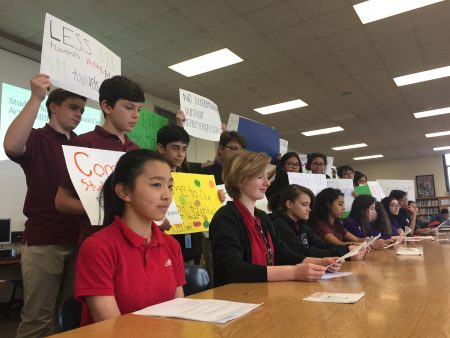 Nina Zhang, 14, joined her classmates at Lanier Middle School in a press conference Tuesday, where they highlighted results from a district-wide student survey. The survey and projects about HISD reforms is a class project for the students.