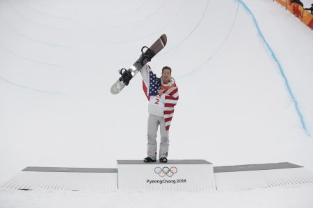 Shaun White, of the United States, celebrates winning the gold medal in the men's halfpipe finals at Phoenix Snow Park at the 2018 Winter Olympics in Pyeongchang, South Korea, Wednesday, Feb. 14, 2018. (AP Photo/Gregory Bull)