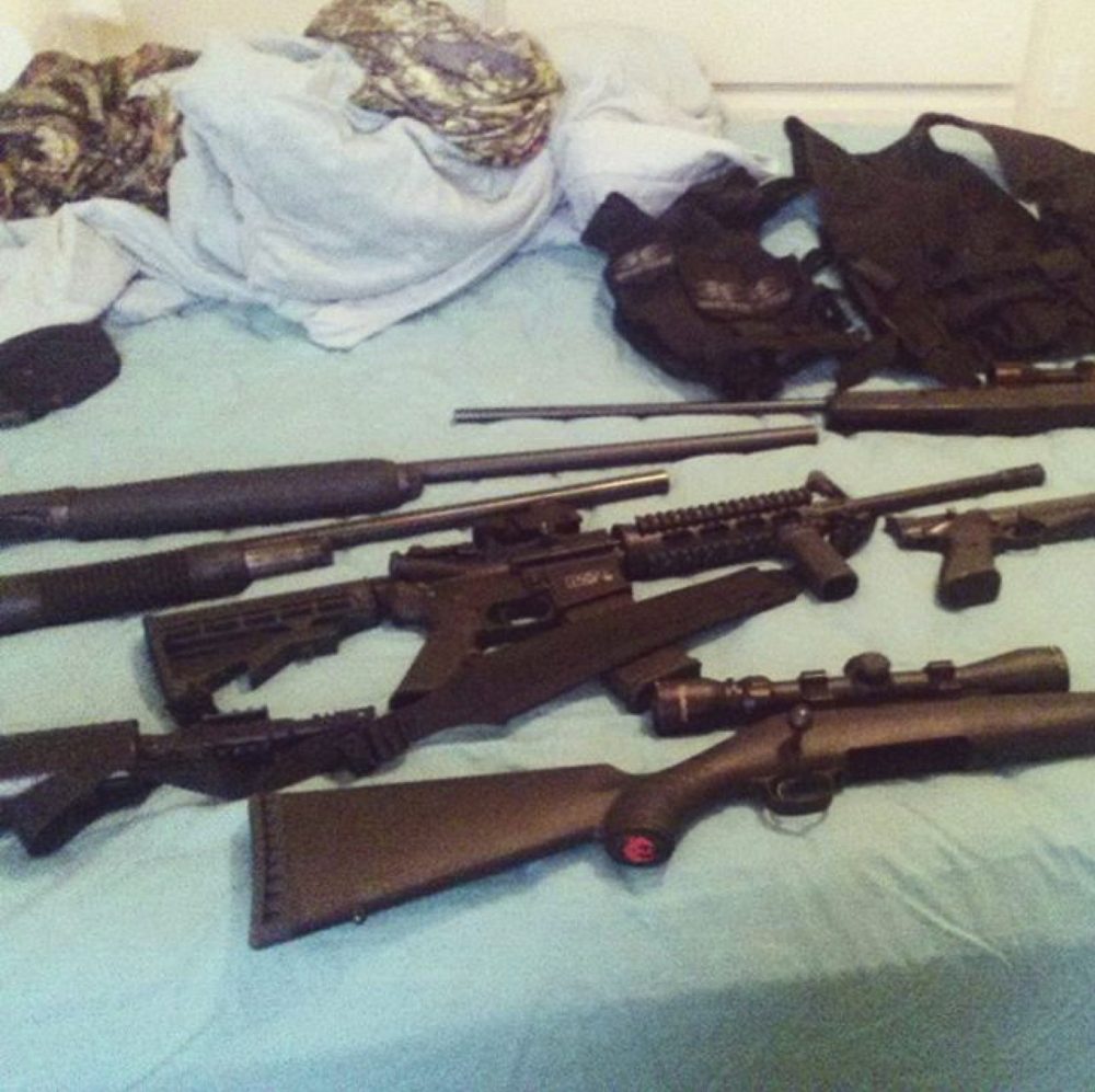 This photo posted on the Instagram account of Nikolas Cruz shows weapons lying on a bed. Cruz was charged with 17 counts of premeditated murder on Thursday, Feb. 15, 2018, the day after opening fire with a semi-automatic weapon in the Marjory Stoneman Douglas High School in Parkland, Fla. (Instagram via AP)