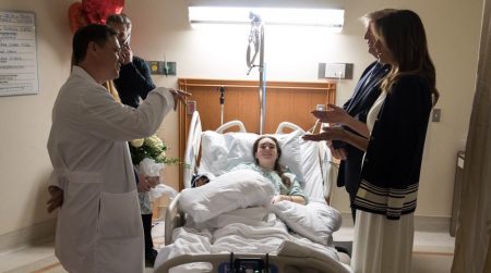 President Donald Trump visited a Florida hospital Friday to thank medical professionals who helped the wounded in a horrific high school shooting.