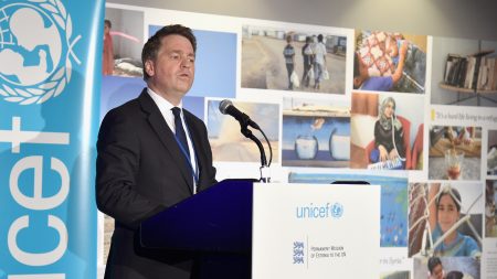 UNICEF Deputy Executive Director Justin Forsyth speaks in 2016 in New York City. He resigned Thursday over allegations dating from 2011 and 2015, during a previous job at Save the Children.
