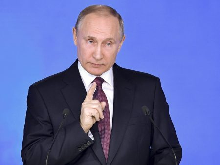 Russian President Vladimir Putin gives his annual state of the nation address in Moscow on Thursday.