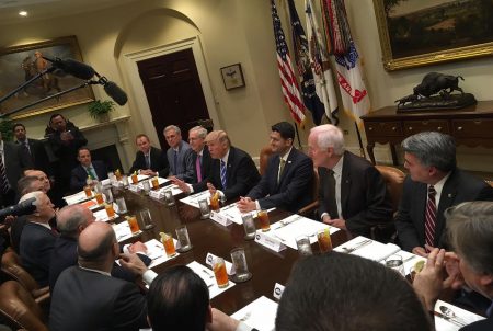 GOP leadership lunch in the Roosevelt Room at the White House. U.S. Sen. John Cornyn, R-Texas, is seated second from top right, next to House Speaker Paul Ryan, on March 1, 2017.