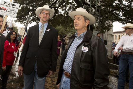 Davey Edwards (left) and Jerry Patterson, Republican candidates for Texas land commissioner, at a rally at the Alamo on Friday, Feb. 23, 2018. Edwards and Patterson are two of three Republicans (Rick Range is the third) challenging incumbent George P. Bush for the job.