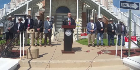 Former Grimes County Judge Ben Leman is Chairman of Texans Against High-Speed Rail. He spoke along with rural sheriffs at the Grimes County Courthouse.