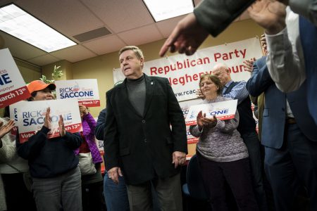 Rick Saccone, Republican candidate for Pennsylvania's 18th congressional district, takes questions form reporters last week in Pittsburgh. Saccone has needed millions of dollars in spending from Republican allies to stave off the strong challenge from the Democratic candidate, Conor Lamb.