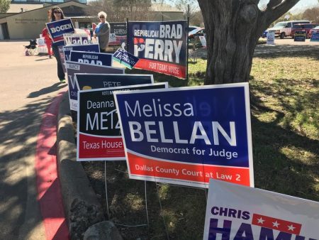 Signs for North Texas candidates outside Ridgewood-Belcher Recreation Center in Dallas on March 7.