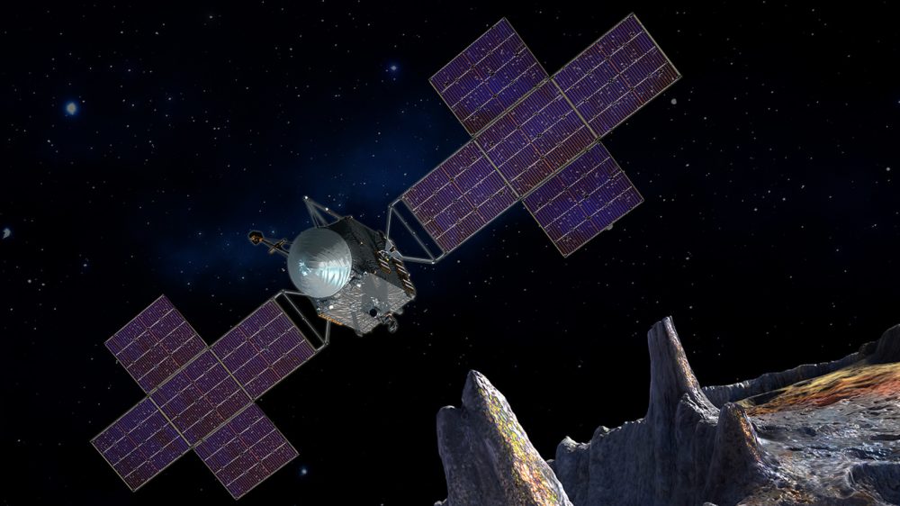 This artist's-concept illustration depicts NASA's Psyche spacecraft which will carry a deep-space laser communications system.
