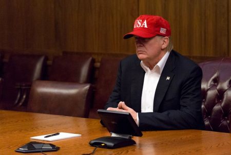 President Donald Trump leads a video teleconference monitoring current tropical storm conditions and damage assessments in southeastern Texas on Sunday, Aug. 27, 2017, from a conference room at Camp David near Thurmont, Maryland.