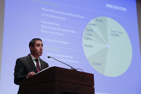 Texas State Comptroller Glenn Hegar discusses the sources of state revenue as he presents the Biennial Revenue Estimate at the Texas Capitol on Jan. 9, 2017.