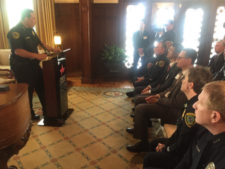 Houston Police Department Chief Art Acevedo addresses the audience during an event held on March 22, 2018, at the University of St. Thomas to launch a partnership between HPD, the university and the Taipei Economic and Cultural that will provide training in Mandarin Chinese to local police officers.