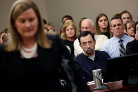 Prosecutor Angela Povilaitis speaks at the sentencing hearing for Larry Nassar, a former team USA Gymnastics doctor who pleaded guilty in November 2017 to sexual assault charges, in Lansing, Michigan, on Jan. 24, 2018.