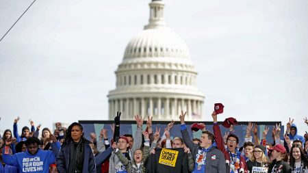 Young victims of gun violence, including students from Marjory Stoneman Douglas High School, stand on stage at the conclusion of the "March For Our Lives" rally Saturday in Washington, D.C.