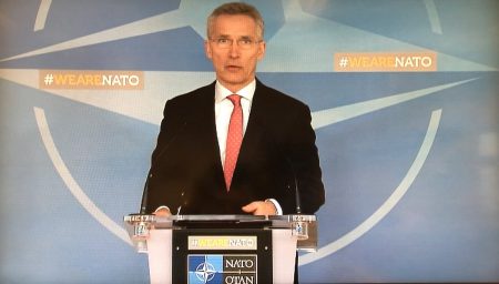 NATO Secretary General Jens Stoltenberg speaks during a media conference at NATO headquarters in Brussels on Tuesday, March 27, 2018.