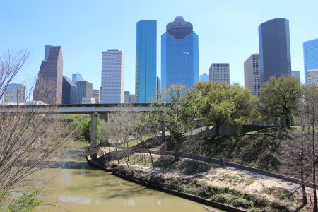 A view of Buffalo Bayou and the Houston skyline.