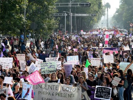 People take part in the commemoration of International Women's Day in Mexico City on March 8. The national public security department's statistics show that more than 41 percent of women over the age of 15 have experienced some sort of sexual violence.