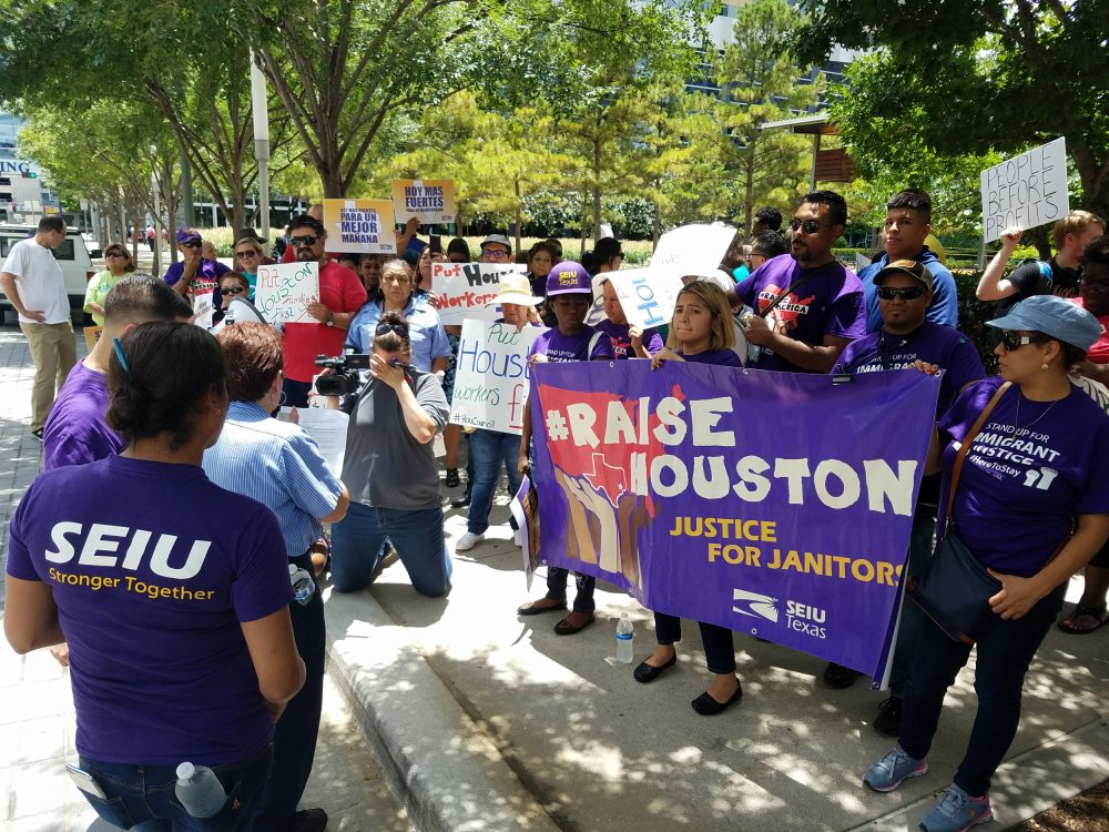 Houston janitors who are members of SEIU Texas and some supporters rallied in front of the the George R. Brown Convention Center in June 2017, when the negotiations for their new contract started.