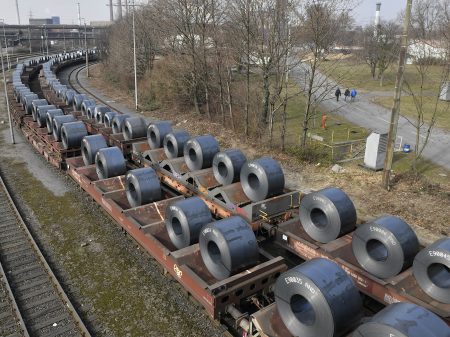 Steel coils sit on wagons leaving a factory in Duisburg, Germany on March 2. U.S. President Trump Monday decided to hold off on imposing most steel and aluminum tariffs until at least June 1