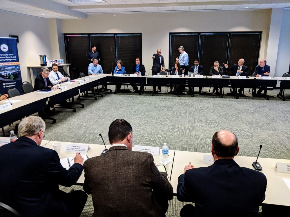Region officials from Harris, Waller, Fort Bend, and Galveston counties discuss a flooding alert system on April 2, 2018.