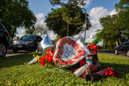 A memorial at the intersection where Danny Ray Thomas, an unarmed black man, was shot by a Harris County Sheriff's deputy in March 2018.