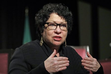 Supreme Court Justice Sonia Sotomayor speaks at a civics event in January in Seattle. Sotomayor wrote a scathing dissent about police shootings Monday.