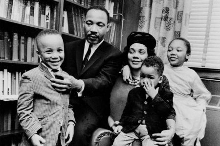 In this March 17, 1963, file photo, Dr. Martin Luther King Jr. and his wife, Coretta Scott King, sit with three of their four children in their Atlanta, Ga., home. From left are: Martin Luther King III, 5, Dexter Scott, 2, and Yolanda Denise, 7. On April 4, 1968, a movement lost its patriarch when the Rev. Martin Luther King Jr. was killed on a hotel balcony in Memphis. Yolanda, Martin, Dexter and Bernice King lost their father.