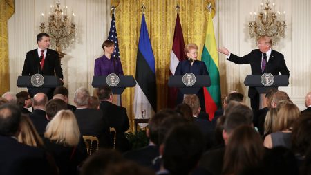 Left to right: Latvian President Raimonds Vejonis, Estonian President Kersti Kaljulaid, Lithuanian President Dalia Grybauskaite and U.S. President Donald Trump, hold a joint news conference in the East Room of the White House Tuesday.