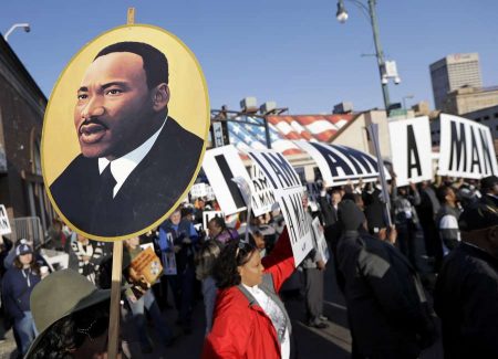 People gather for events commemorating the 50th anniversary of the assassination of the Rev. Martin Luther King Jr. on Wednesday, April 4, 2018, in Memphis, Tenn. King was assassinated April 4, 1968, while in Memphis supporting striking sanitation workers. (AP Photo/Mark Humphrey)