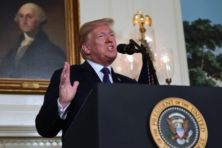 President Donald Trump speaks in the Diplomatic Reception Room of the White House on Friday, April 13, 2018, in Washington, about the United States' military response to Syria's chemical weapon attack on April 7. (AP Photo/Susan Walsh)
