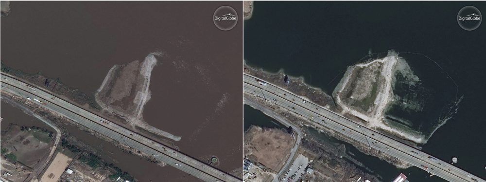 Satellite images show the San Jacinto Waste Pits near Houston on Sept. 2, 2017 (left) when the site was still flooded after Hurricane Harvey and on Jan. 24, 2018 after the waters had receded.