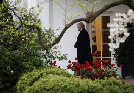 President Donald Trump walks from the Oval Office of the White House to Marine One in Washington, Monday, April 16, 2018, for the short trip to Andrews Air Force Base en route to Miami.