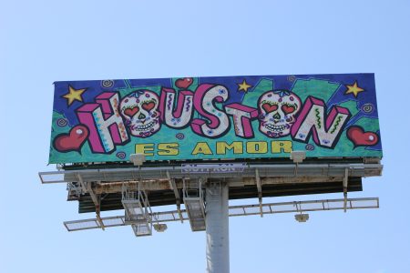 The sign showing art by Houston artist Hector Guerra is on the North Freeway service road near Patton Street