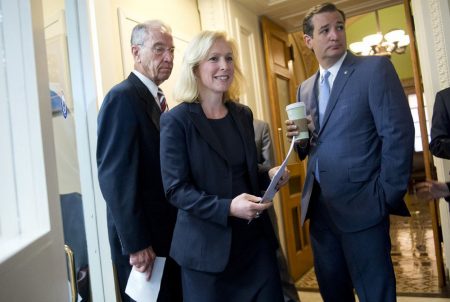 U.S. Sens. Kirsten Gillibrand, D-N.Y., Ted Cruz, R-Texas, joined fellow Sen. Charles Grassley (left), R-Iowa, ahead of a July 16, 2015, Capitol news conference on legislation creating a process for reviewing cases of military sexual assault and alleviating victims' fears of reporting an incident.