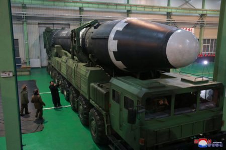 North Korean leader Kim Jong Un inspects the intercontinental ballistic missile Hwasong-15 in this undated photo released by North Korea's Korean Central News Agency in Pyongyang on Nov. 30.