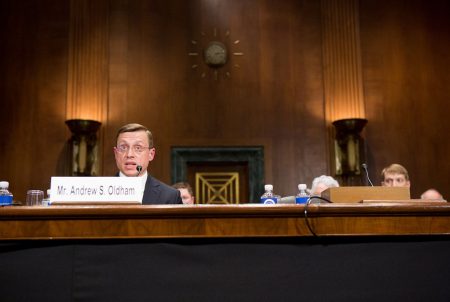 Andrew Oldham testifies at a confirmation hearing before the U.S. Senate Judiciary Committee on April 25, 2018.