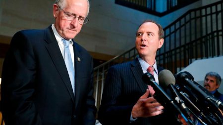 In this June 6, 2017, file photo Rep. Mike Conaway, R-Texas, left, a member of the House Intelligence Committee, and Rep. Adam Schiff, D-Calif., ranking member of the House Intelligence Committee speak after closed meeting in Washington.