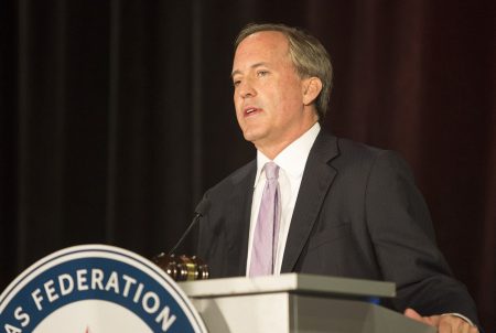 Texas Attorney General Ken Paxton speaks at the Texas Federation of Republican Women Convention in Dallas on Oct. 19, 2017.